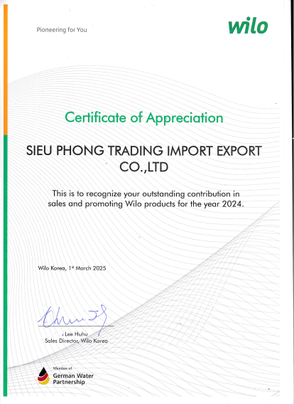 Giấy ủy quyền từ nhà máy Wilo Hàn Quốc
