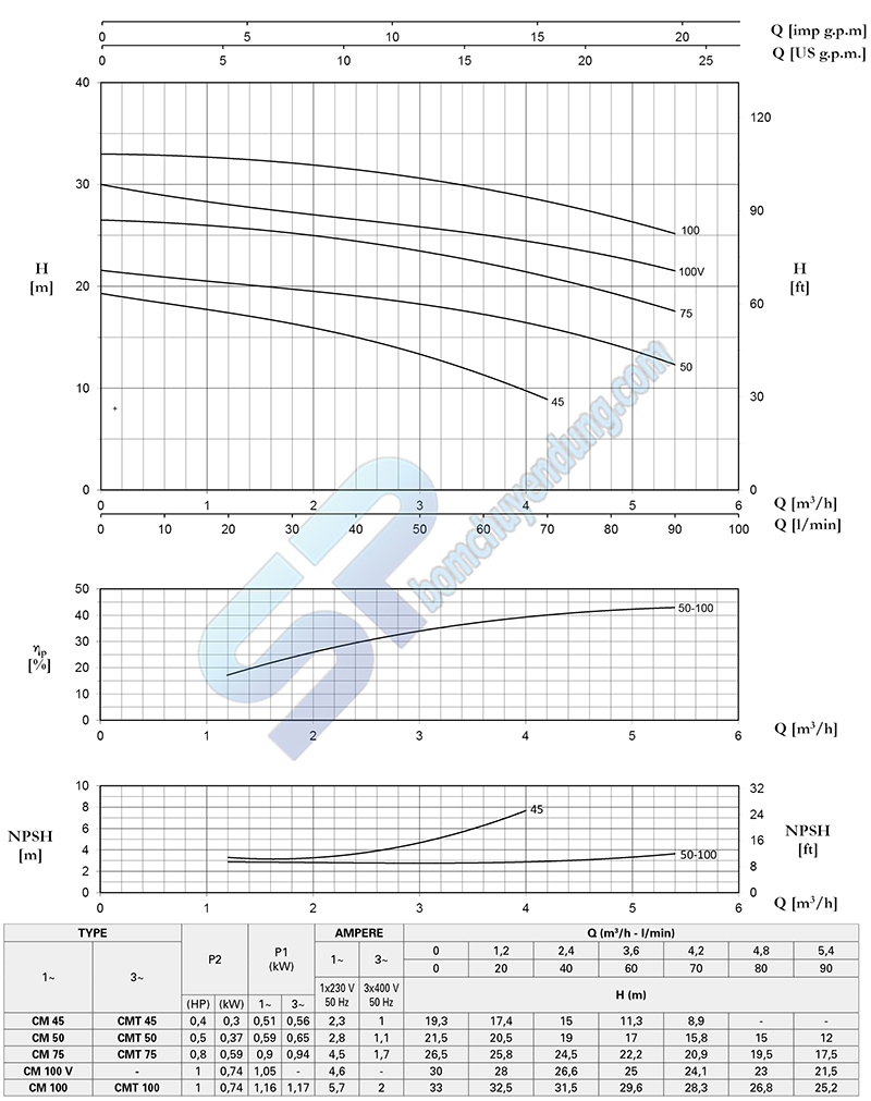 Đường đặc tính bơm Pentax CM 100
